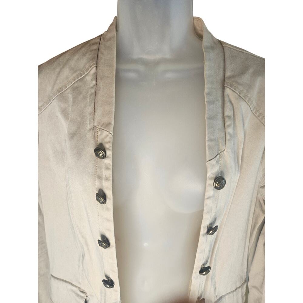 Free People Romance Military Khaki Jacket Sz L Decorative Buttons Pockets Rufled - Picture 3 of 10